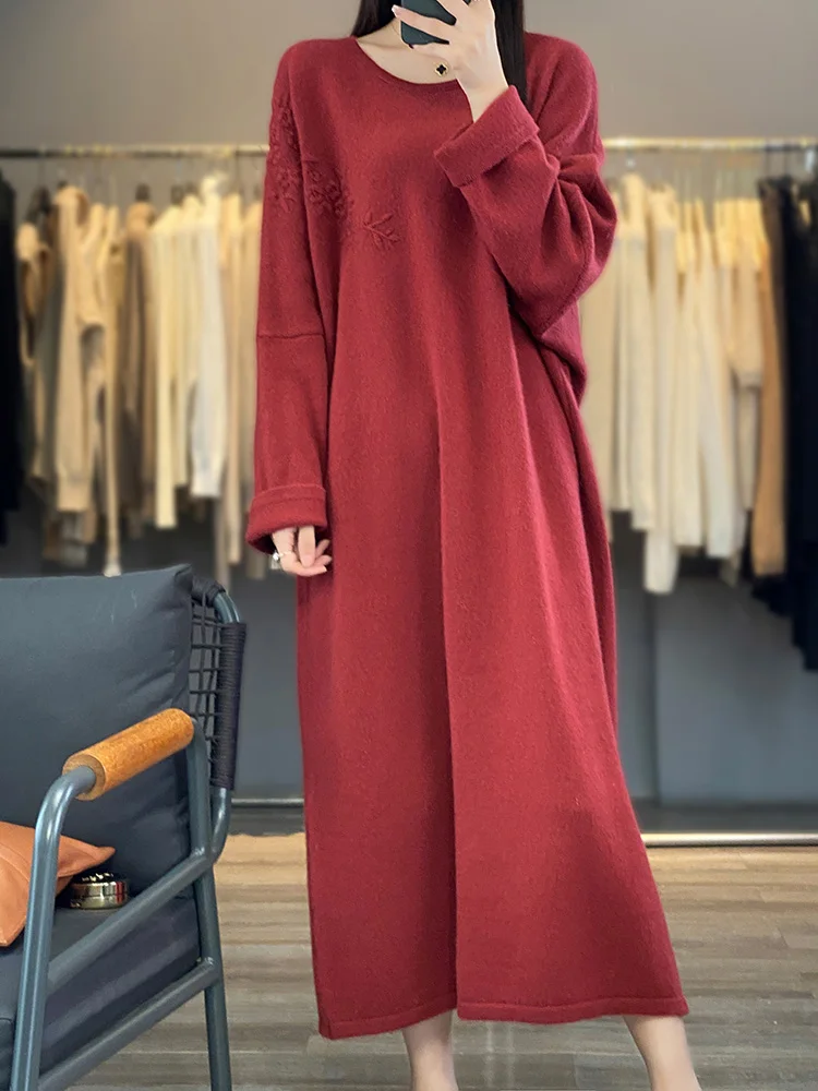 

Женское вязаное платье оверсайз с вышивкой и круглым вырезом, длинный свитер из 100% шерсти с круглым вырезом и длинным рукавом, Осень-зима