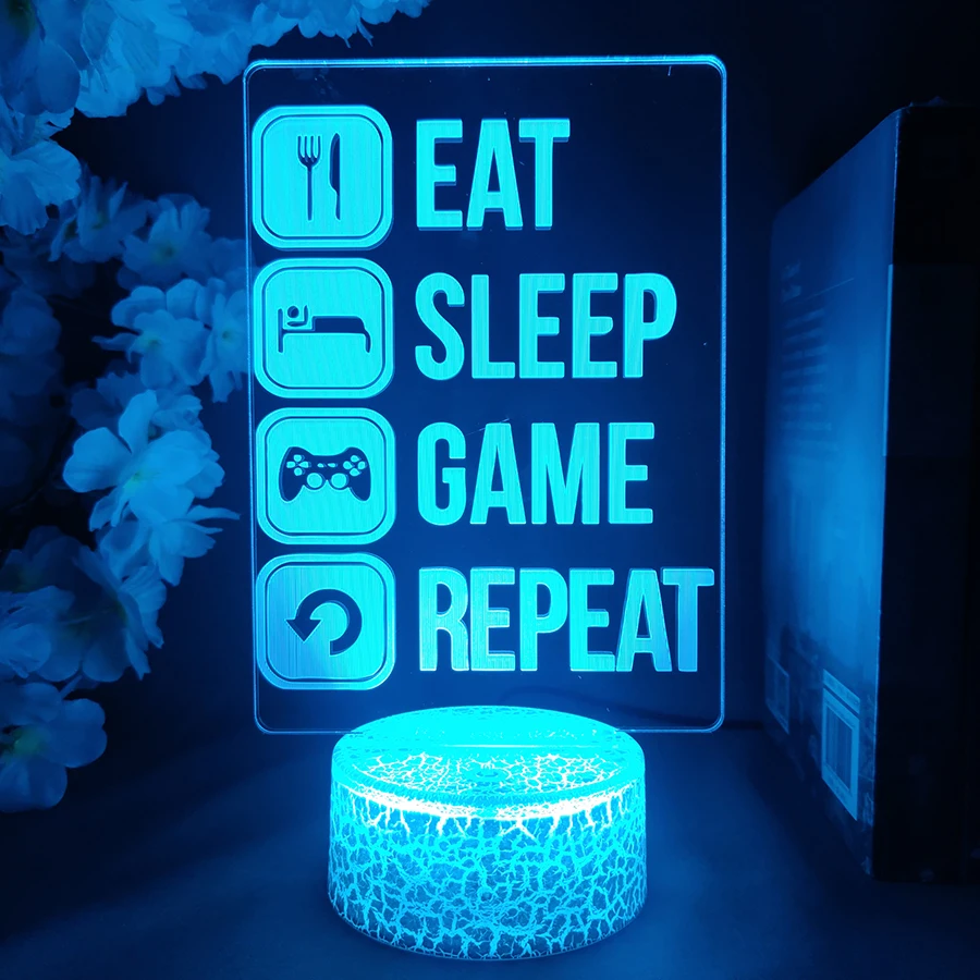

Eat Sleep Game Repeat Gaming Zone LED Table Lamp RGB Desk Setup Decoration Kids Xmas Gift Room Bedroom Playroom Lighting Decals
