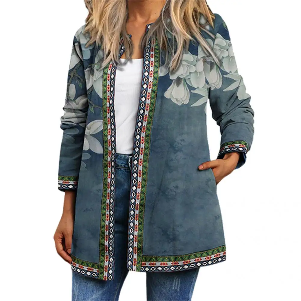 

Temperament Winter Coat Outwear Ladies Jacket Floral Print All Match Pockets Jacket Round Neck