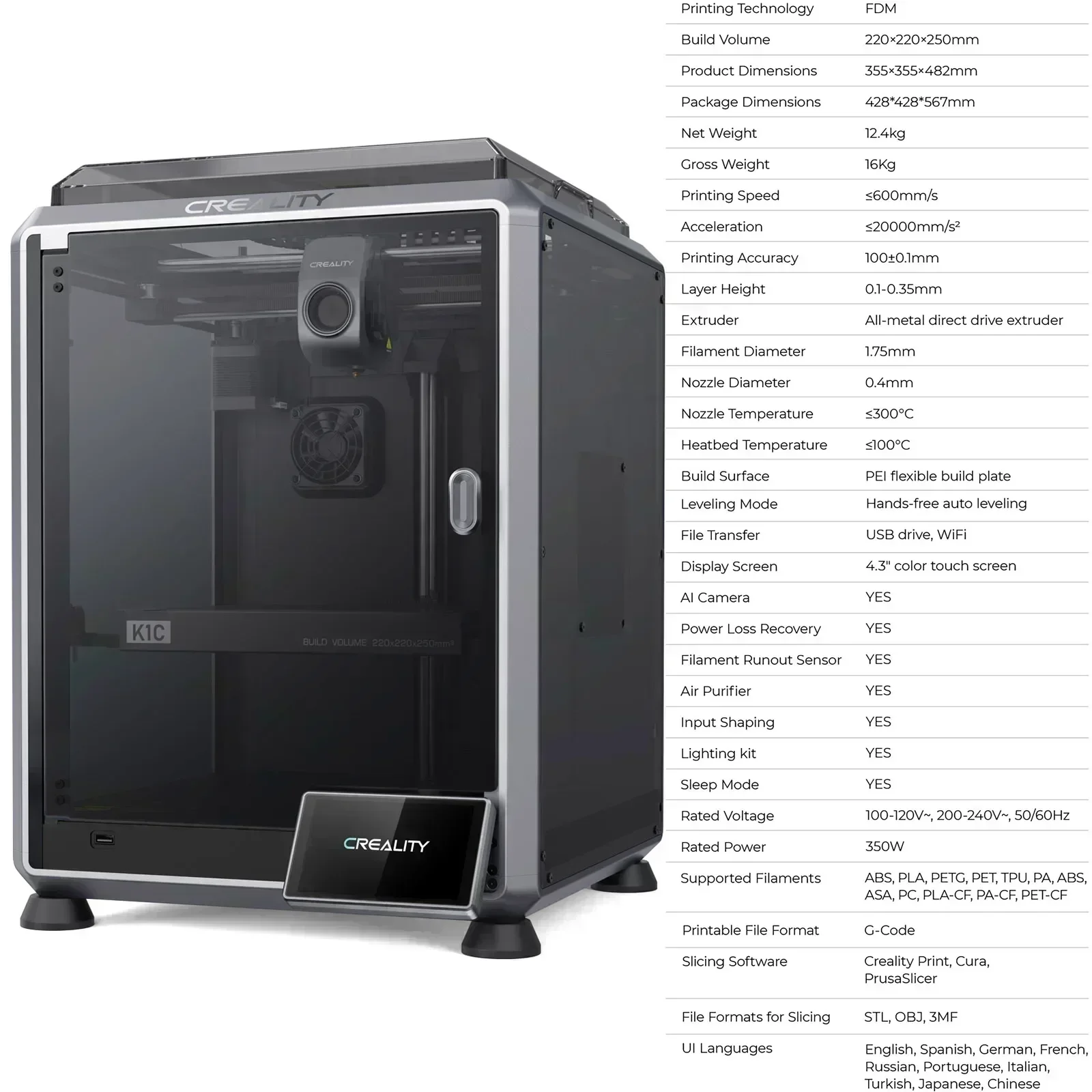 Creality k1c 3D מדפסת 600 מהירות מ"מ\שנייה עם מצלמה אי הדפסה מסגרת יציבה אוטומטי פילוס מאוורר כפול