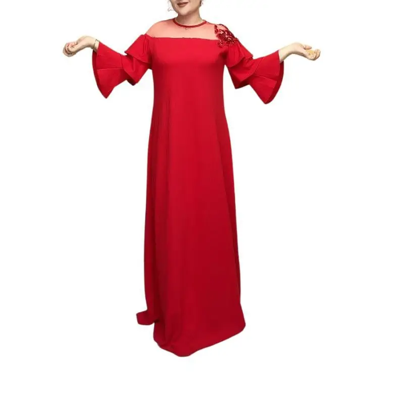 

Summer Elegant African 3/4 Sleeve O-neck Polyester Red Black Long Dress African Dresses for Women Maxi Dress African Clothes
