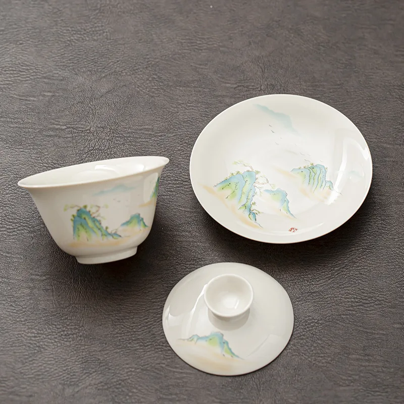 Ceramic Handmade Kung Fu Zen Gaiwan, Creative Hand-painted Chrysanthemum Tea Set, Office Tea Bowl with Saucer, Drinkware