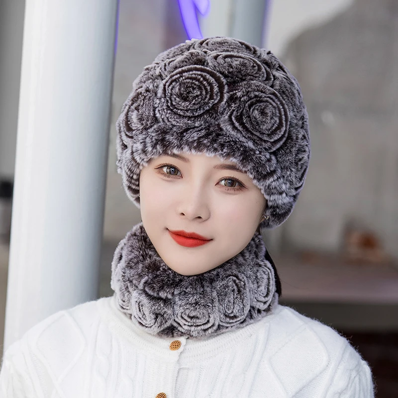 Winter Knitted 100% Natural Fur Hats Scarves Sets Women Warm Real Rex Rabbit Fur Hat Scarf Lady Fashiom Thick Rex Rabbit Fur Hat 4
