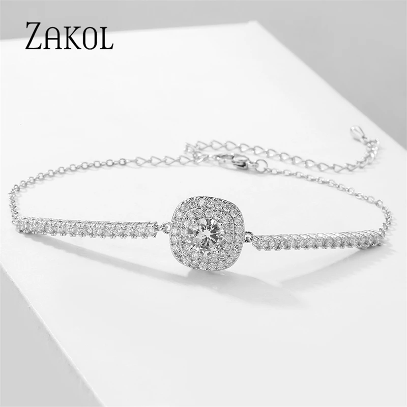 ZAKOL Simple Square Adjustable Bracelets For Women Fashion Cubic Zirconia Bracelet For Girl Party Jewelry Gifts
