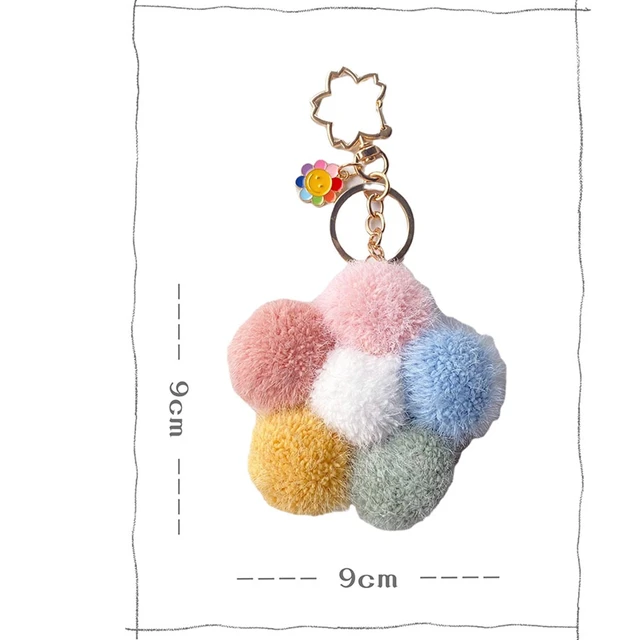 1pc Lovely Cherry Blossom Keychain Wholesale Plush Alloy Flower Bag Pendant  Colored Floral Pom Pom Hanging Decoration