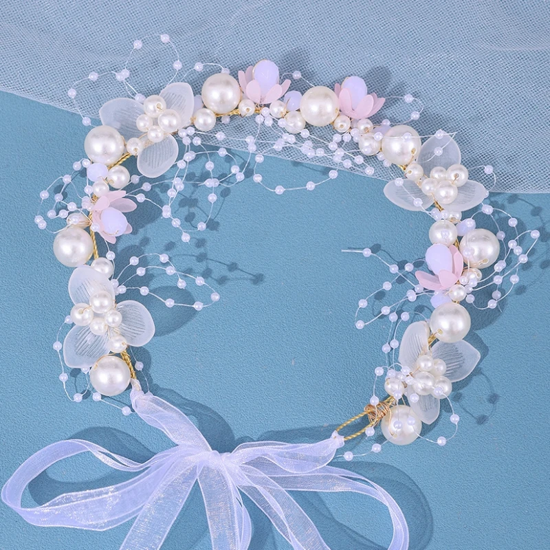 Corona Di Fiori Con Perle Per Ragazze E Donne - Fascia Da Sposa Boho, Accessorio Per Capelli Matrimonio E Comunione, Bianco
