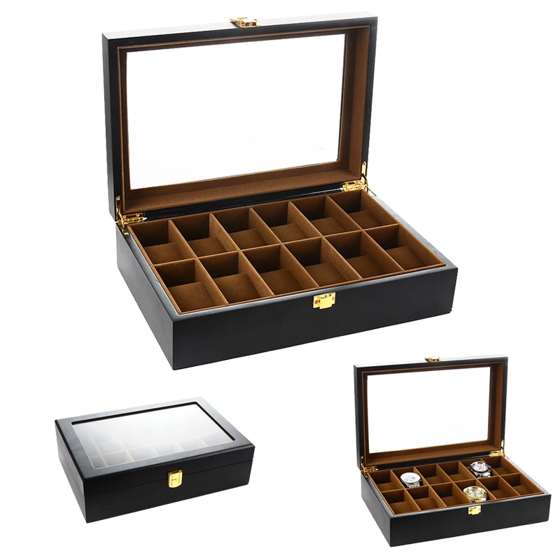 

6/10/12 Grids Luxury Black Matte Wood Watch Box Wood Clock Box Watch Case Time Storage Box for Watch Holding Handmade Case