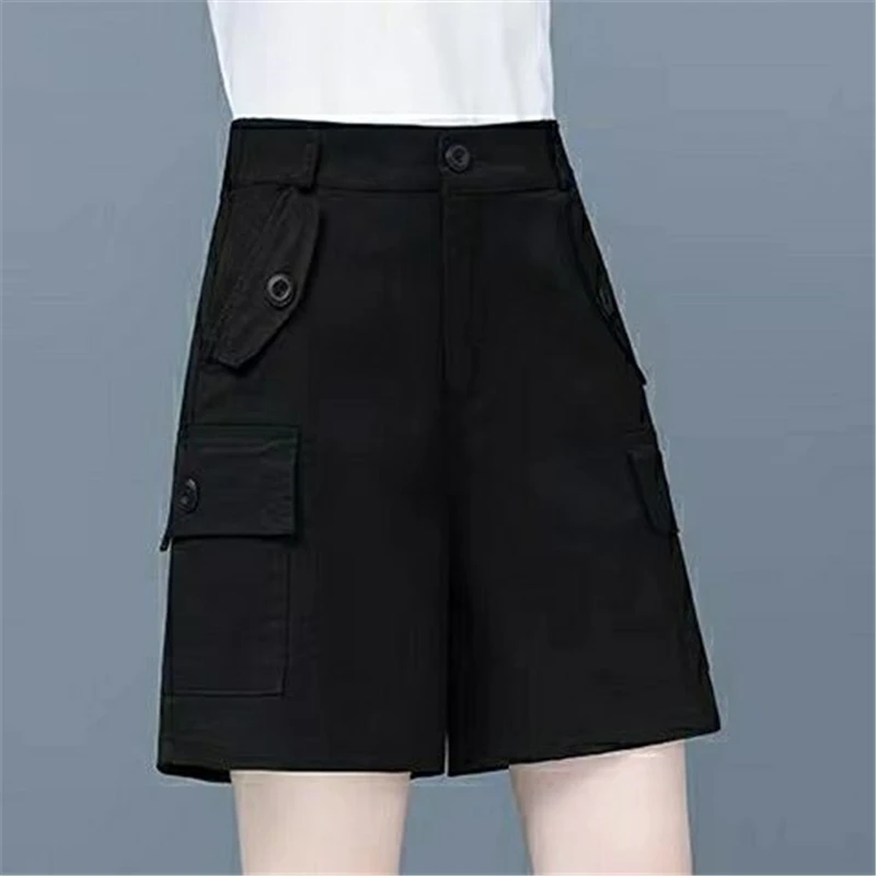 Women Clothes Pockets Buttons Streetwear Straight Cargo Short Pants Summer Fashion Casual Solid Cotton Shorts Pantalones Cortos