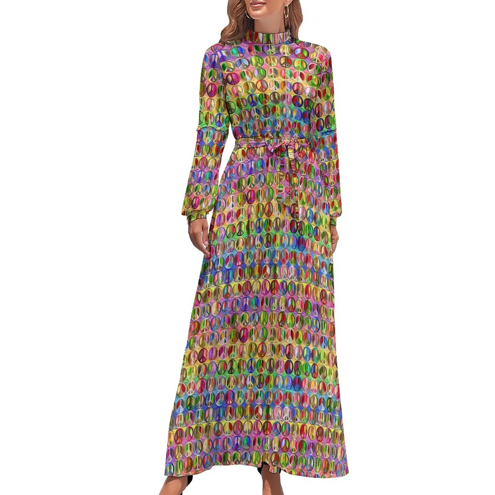 

Peace Sign Dress High Neck Colorful Print Custom Beach Dresses Long Sleeve Aesthetic Long Maxi Dress Kawaii Clothes