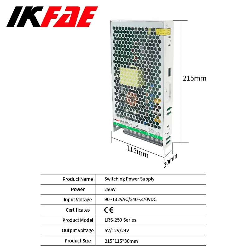 SMPS 스위칭 전원 공급 장치 LRS-250, 과부하 보호, 단일 출력, 소형 볼륨 변압기, 슬림 5V, 12V, 24V 출력, 250W