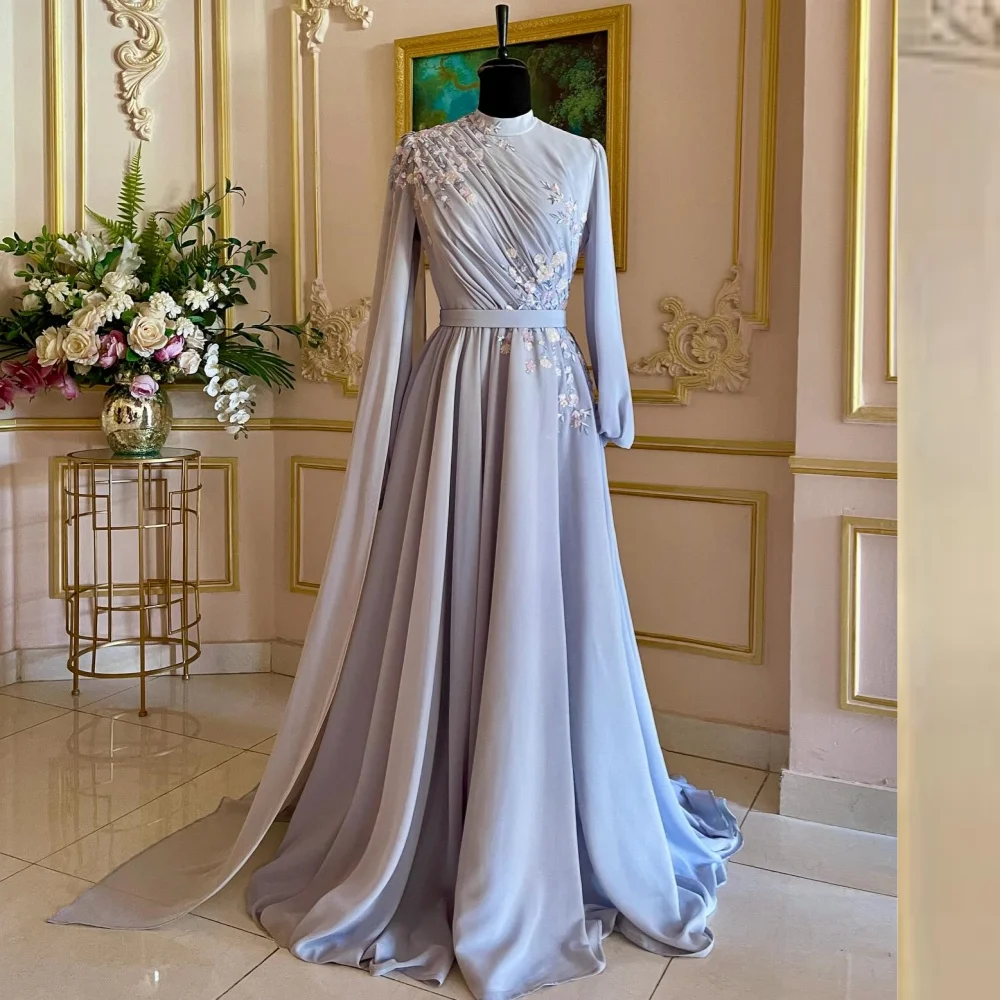 Jersey Applique Draped Pleat Birthday A-line High Collar Bespoke Occasion Gown Long Dresses