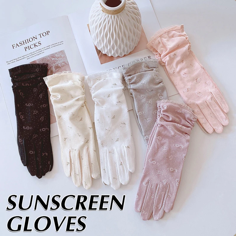 

Thin Section Breathable Sunscreen Gloves Female Summer UV Protection Driving Riding Non-slip Touch Screen Cotton Print Gloves