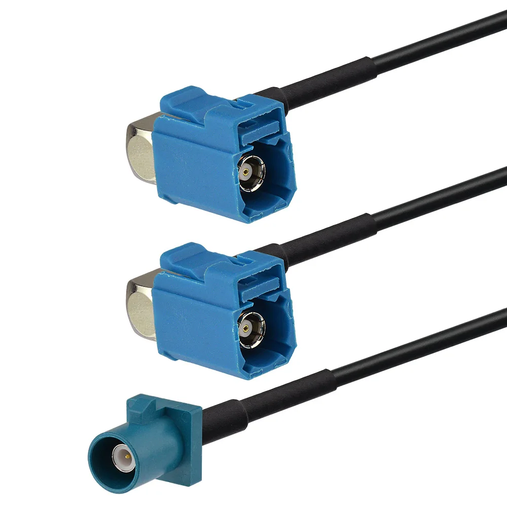 

Superbat Fakra Waterblue Straight Plug to Fakra Water Blue Right Angle Jack to Fakra Water Blue RA Jack RG174 60cm Y shape