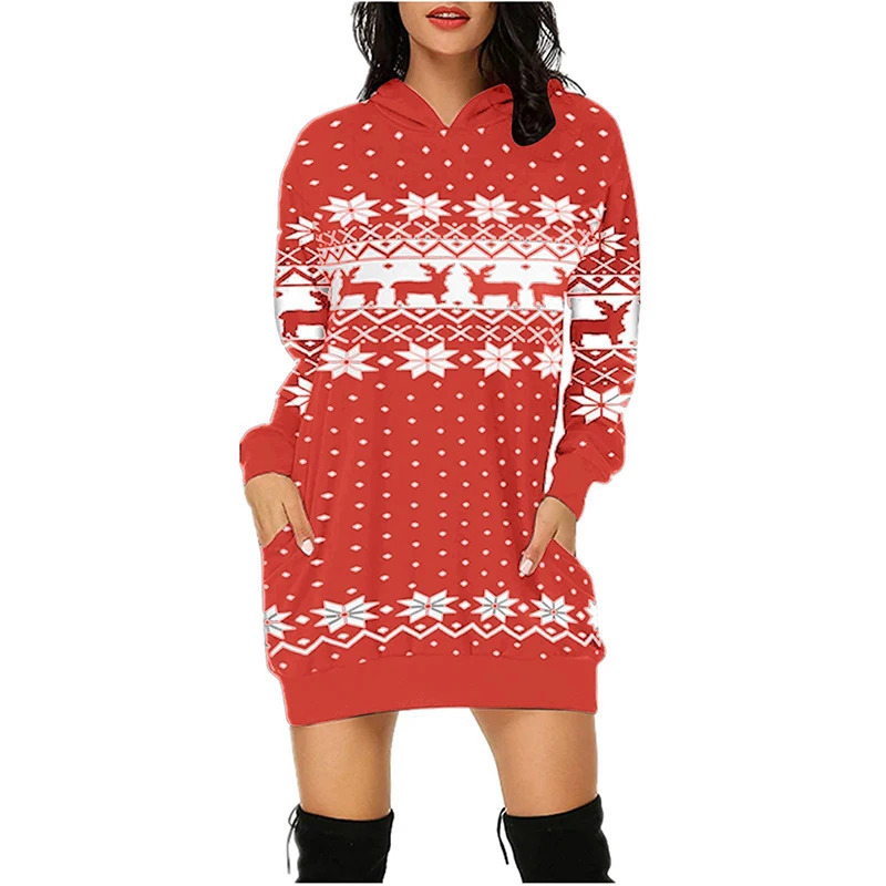 White Snow Print Pockets Sweatshirts Women Autumn Winter Long Hoodies New Casual Black Christmas Roupas Feminias Black Green Red