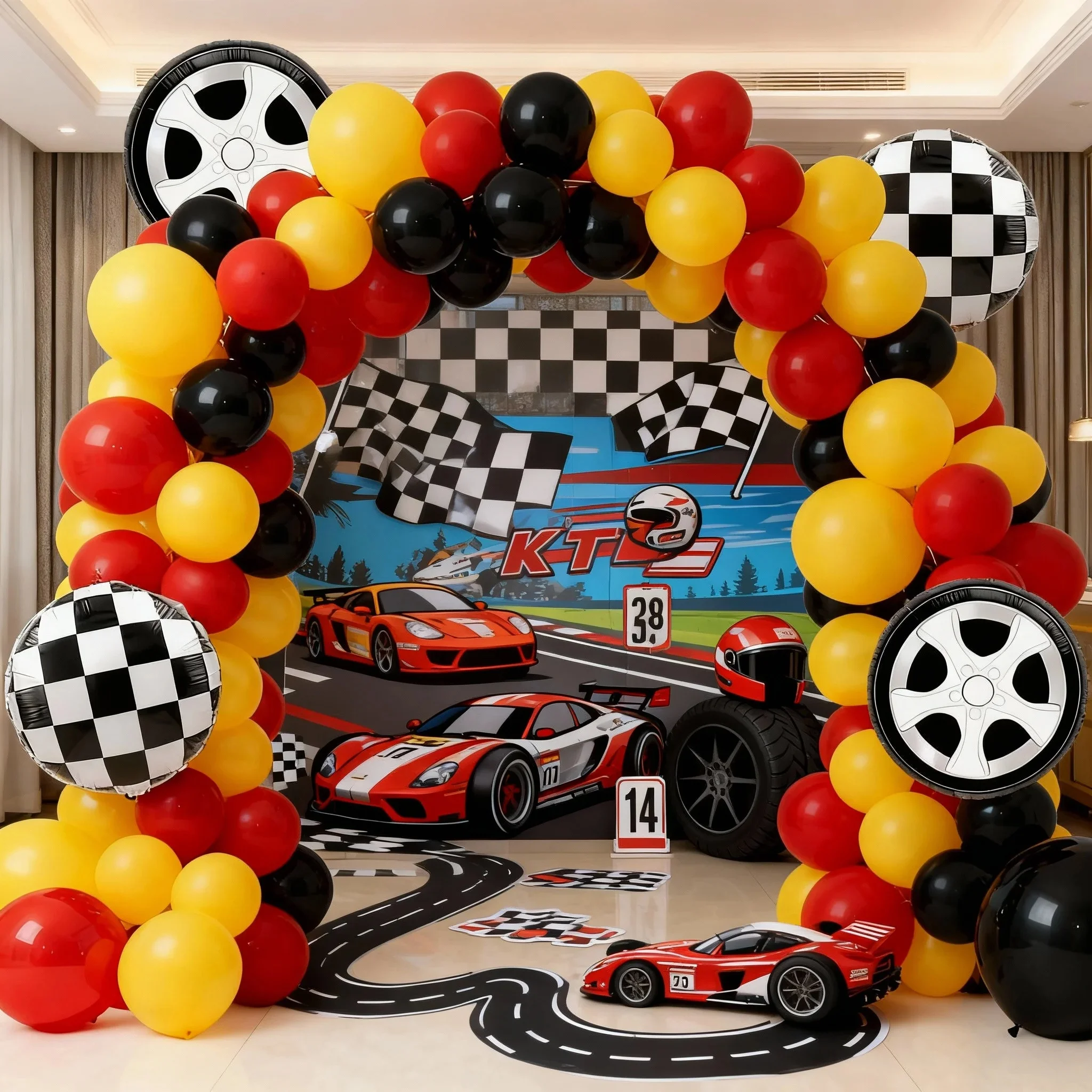 126-teiliges Geburtstagsfeier-Ballon-Dekorationsset mit Rennrad, roten, gelben und schwarzen Latexballons, gepaart mit Radnaben-Folienballons, perfekt für Renngurtstage, Babypartys, Abschlussfeiernaben und Junggesellenabschiede-Dekorationen für Jungen – Detail 8