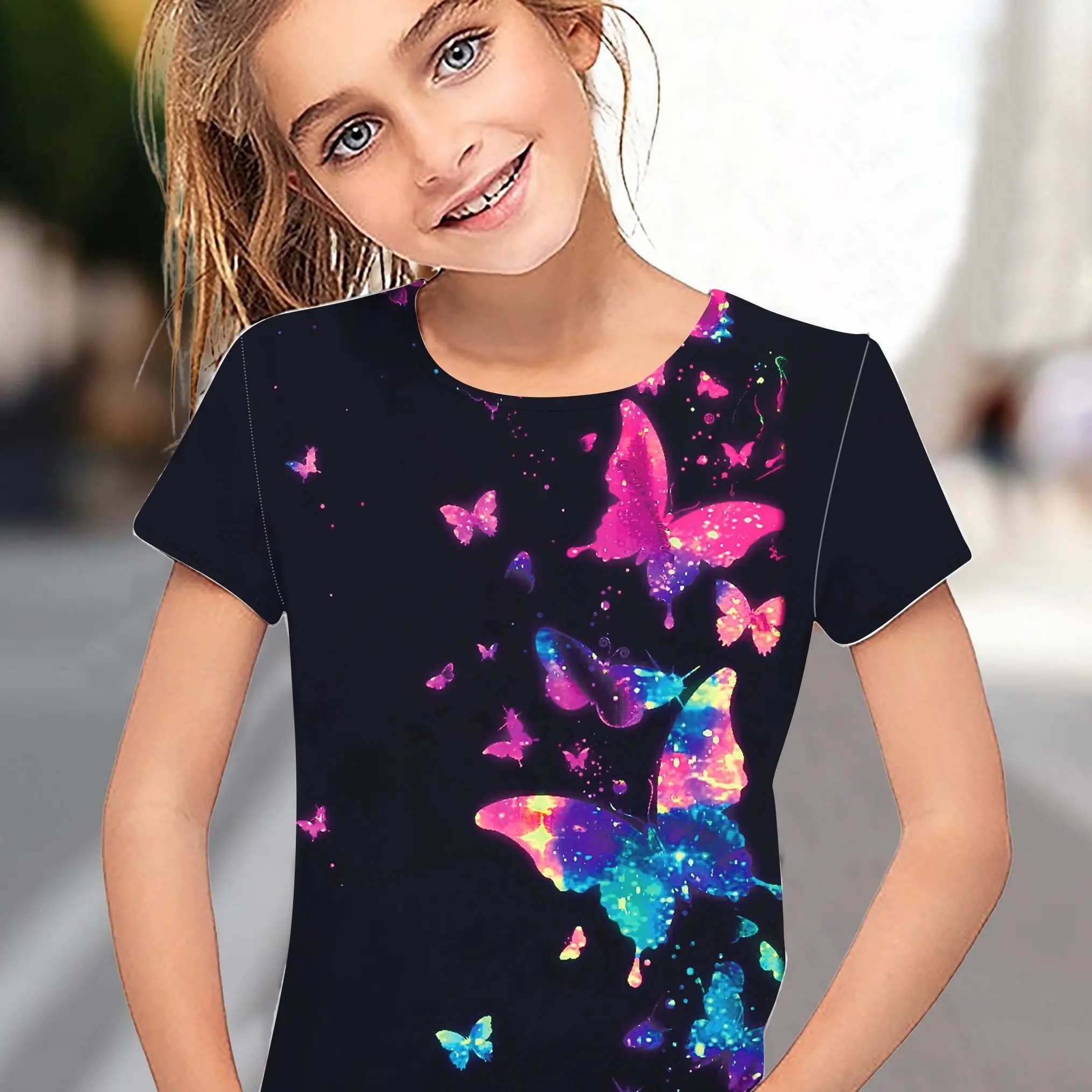 Children's Clothing Girl Clothes Short Sleeve Girl T-Shirt Prety Butterfly Print Kawaii Round Neck Girl Top Kids Summer Clothes 1