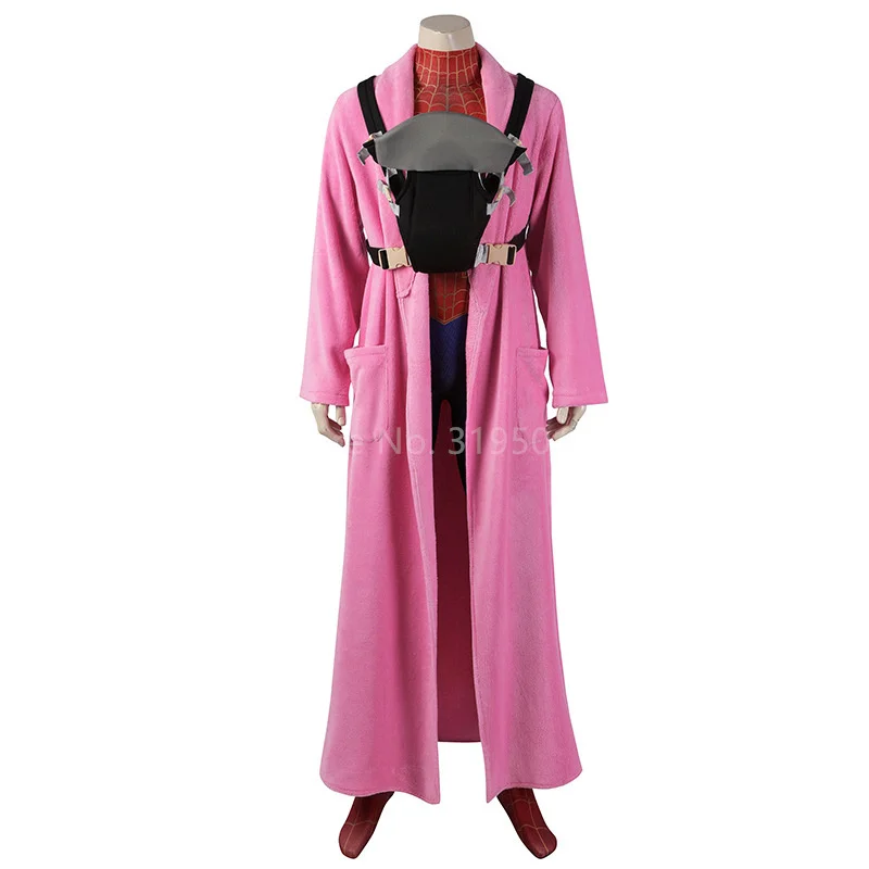 

2023 New The Spider Verse Peter Cosplay Costume Jumpsuit Pink Bathrobe Coat Mask Suit Peter Bodysuit Men Halloween Costume
