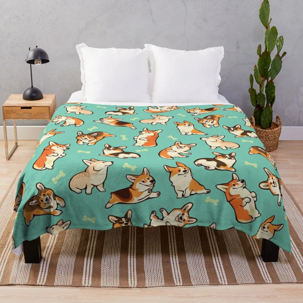

Jolly corgis in green Throw Blanket Flannel Fabric Blankets Sofas Of Decoration Furrys Beach blankets ands Blankets