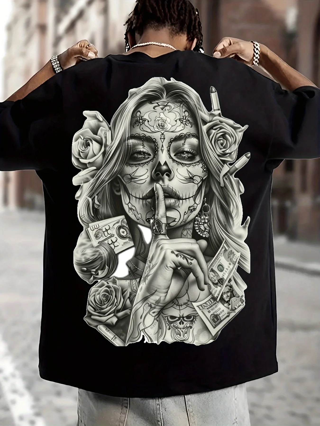 Herren-T-Shirt „Day Of The Dead Sugar Skull Girl Back“ Chicano Rose Money Street mit Rundhalsausschnitt