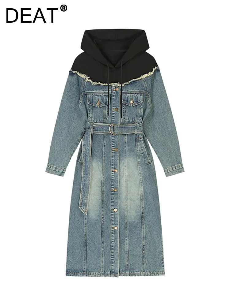 

DEAT Women's Denim Dresses Patchwork Contrast Color Hoodies Long Single Breasted Belt Dresses 2024 Spring New Fashion 29L4148