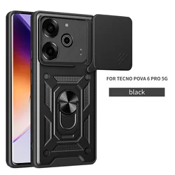 Armor Shockproof Phone Case with Slide Lens Protection and Magnetic Ring Stand for Pova 6 Pro (Black)