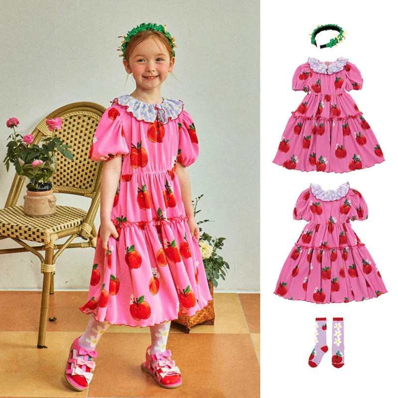 Spot BEBEBEBE 2024 Summer Girls' Little Apple Print Cute Dress Sweet Style Short sleeved Dress  2-12y
