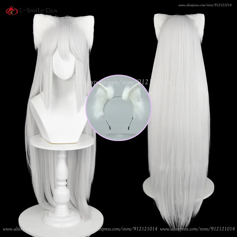 Tomoe Cosplay Perücke Silberweiß Unisex Anime Wig Hitzebeständig mit Ohren 10