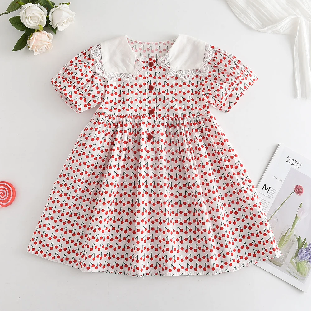 Baby Girls Dresses Summer Kids Doll Puff Sleeve Print Cherry Dress