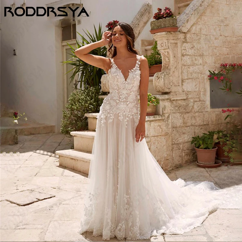 

RODDRSYA Romantic Lace Wedding Dress For Women Sexy Spaghetti Straps Backless Bride Party Elegant Tulle A-line Vestido De Noiva