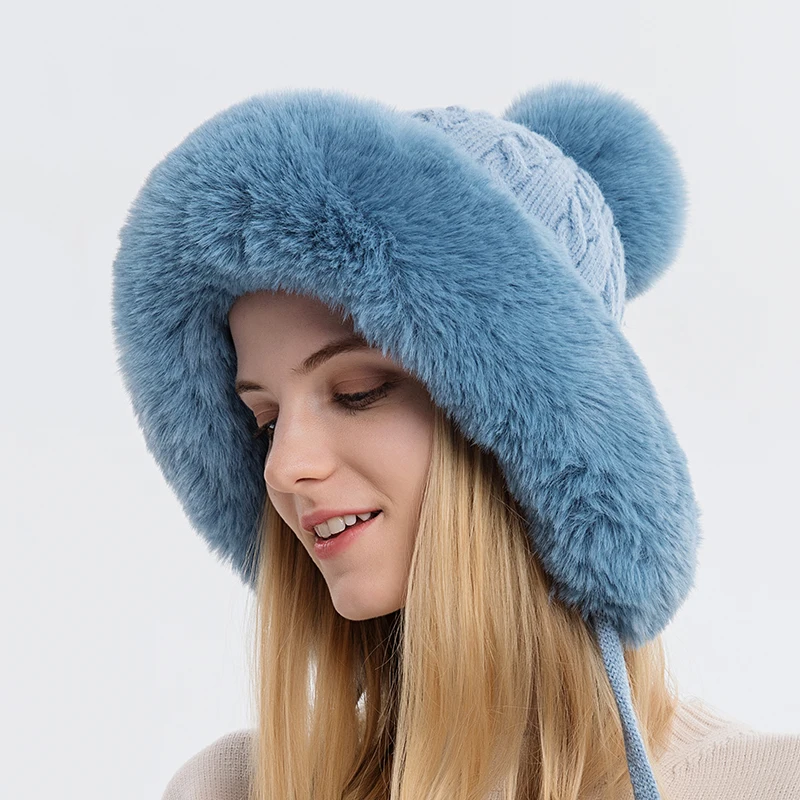Casquette tricotée en fourrure moelleuse d'hiver pour femmes russes, chapeaux de Protection des oreilles doux et chauds, en peluche pour l'extérieur, boule résistante au froid_voghion.com