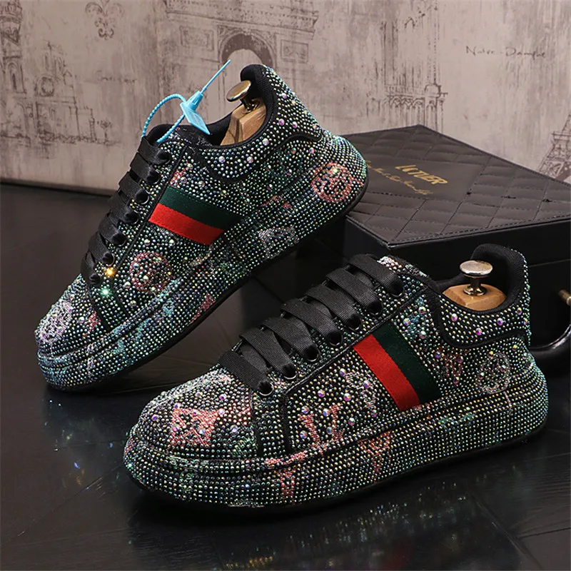 New Luxury Embroidery Men Showy Rhinestone Casual High Top Shoes