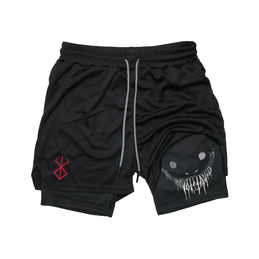 Shorts de corrida anime berserk masculino, deck duplo, treinamento de ginástica, secagem rápida, treino, jogging, esportes, fitness, verão, 2 em 1