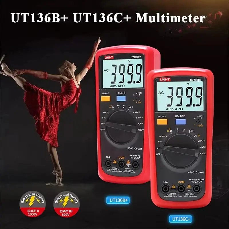 UNI T UT136B+/C+ 디지털 멀티미터 1000V 10A AC DC True RMS 자동 범위 지정 기능(과부하 경보 포함) 빠른 샘플링 및 LED 손전등
