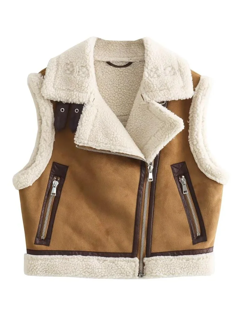 

MESTTRAF Women 2023 Sexy Y2K Thick Warm Faux Waistcoat Vintage Sleeveless Zipper Pockets Female Outerwear Chic Vest Tops