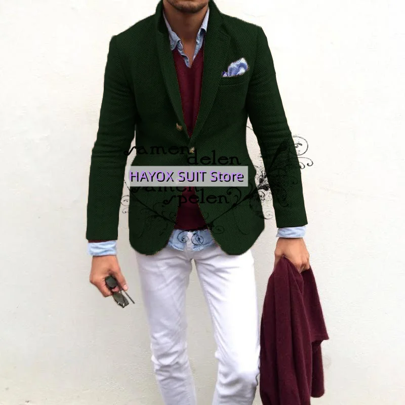 2022 Elegant Fashion Men's Tweed Blazers Set Slim Fit Single Breasted Multiple Pockets Costume Homme Tuxedo 5