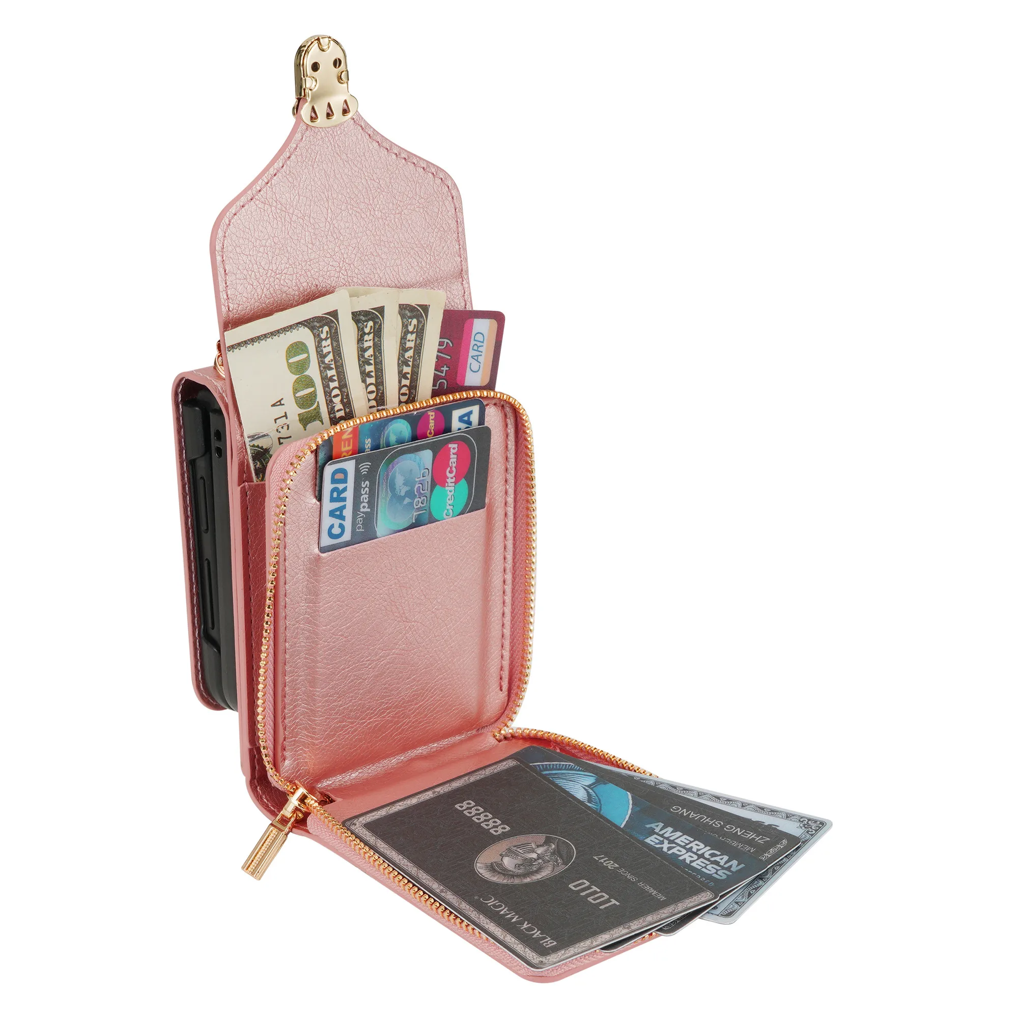 Elegant Crossbody Leather Wallet Case with Long Lanyard and Zipper Card Holder Purse Cover