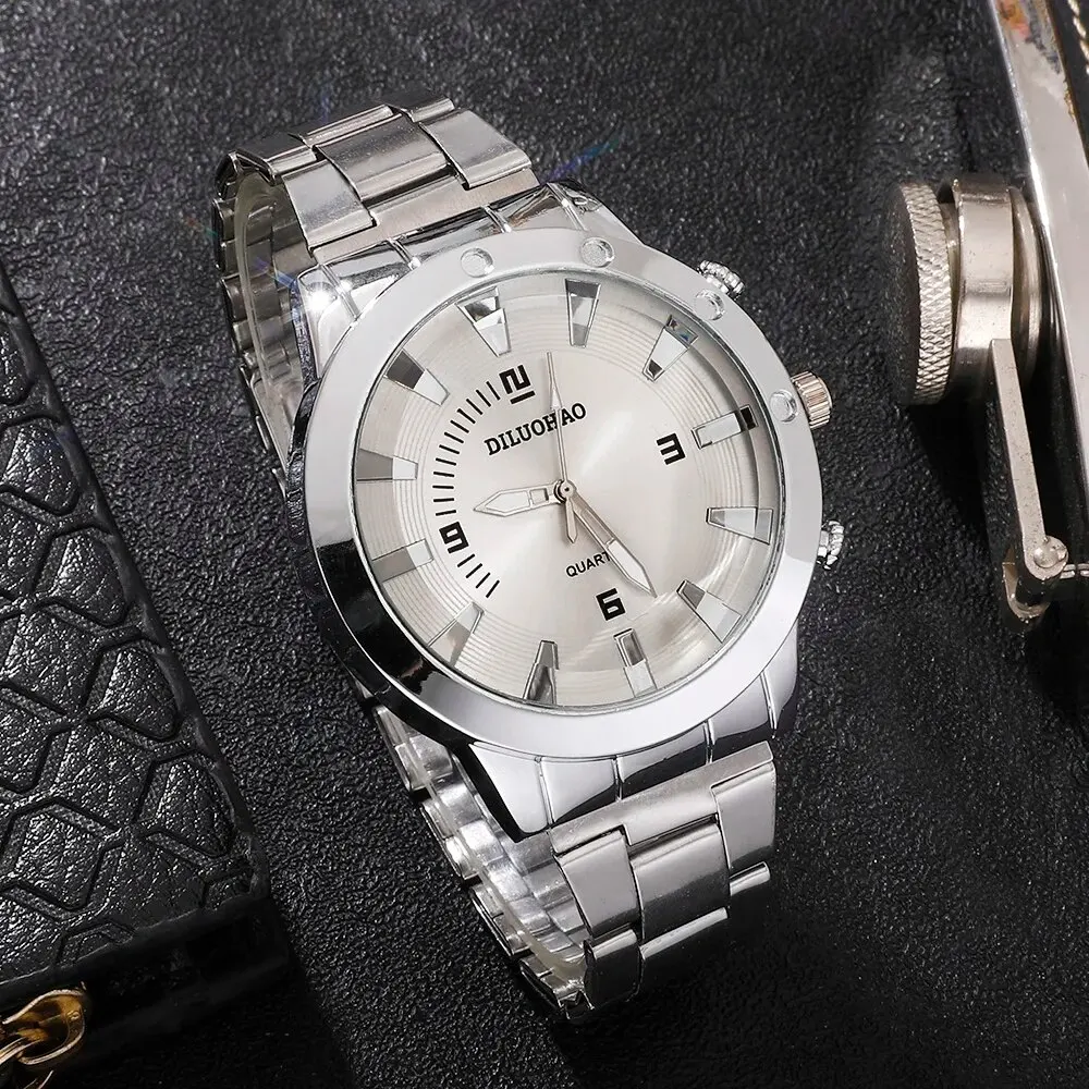 2Pcs Men's Business Leisure Quartz Watch Analog Stainless Steel Wrist Watch & Bracelet, Gift For Men Watch
