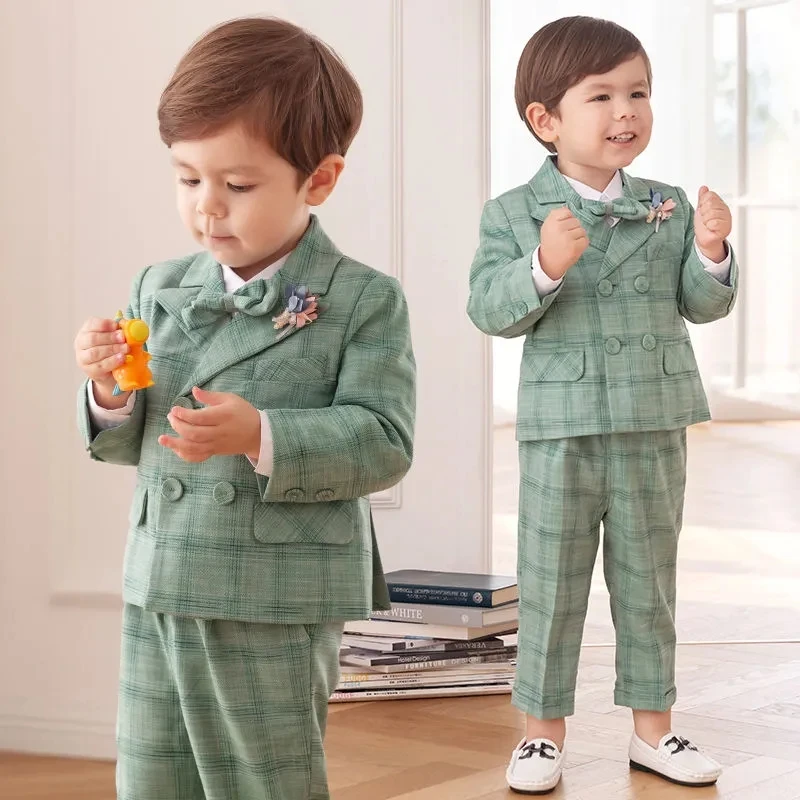 Children's Flormal Plaid Dress Suit Set Baby Boy Autumn Wedding Party