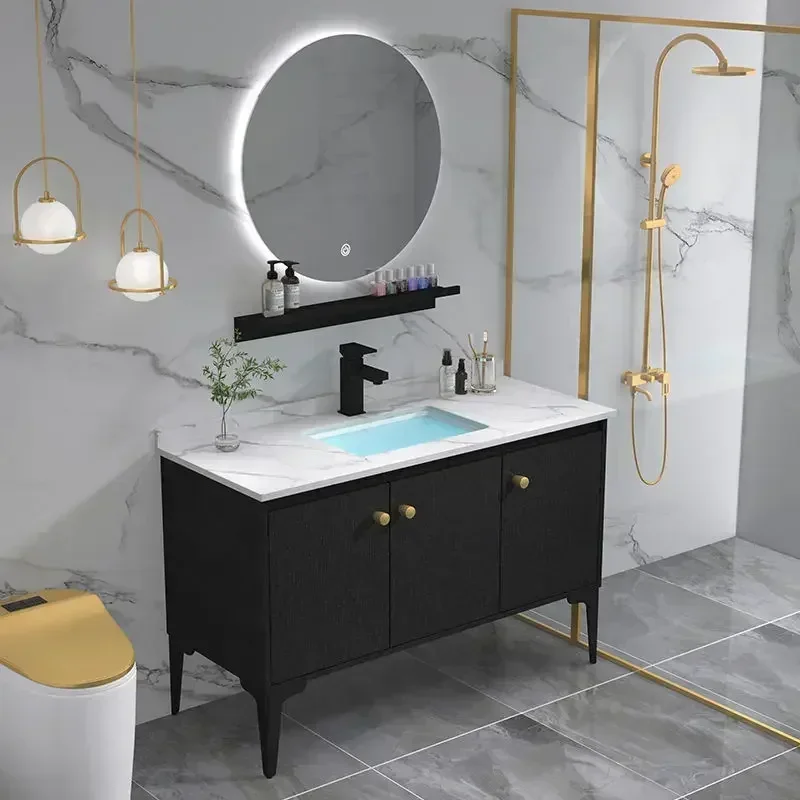 solid wood bathroom vanity with light iron, modern and simple bathroom furniture, standing toilet basin.