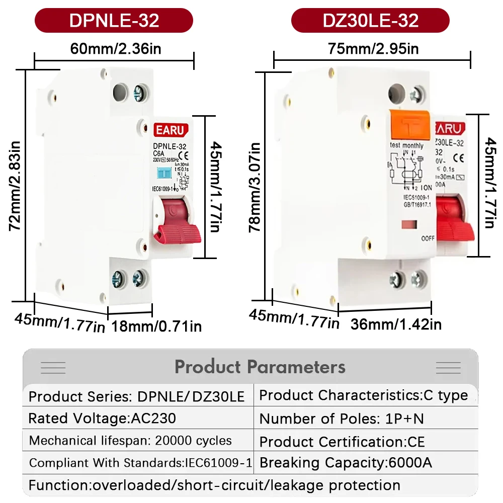 18MM 36MM 1P+N AC 230V 6/10/16/25/32A Residual Current Circuit Breaker With Over And Short Current Leakage Protection RCBO MCB circuit breaker