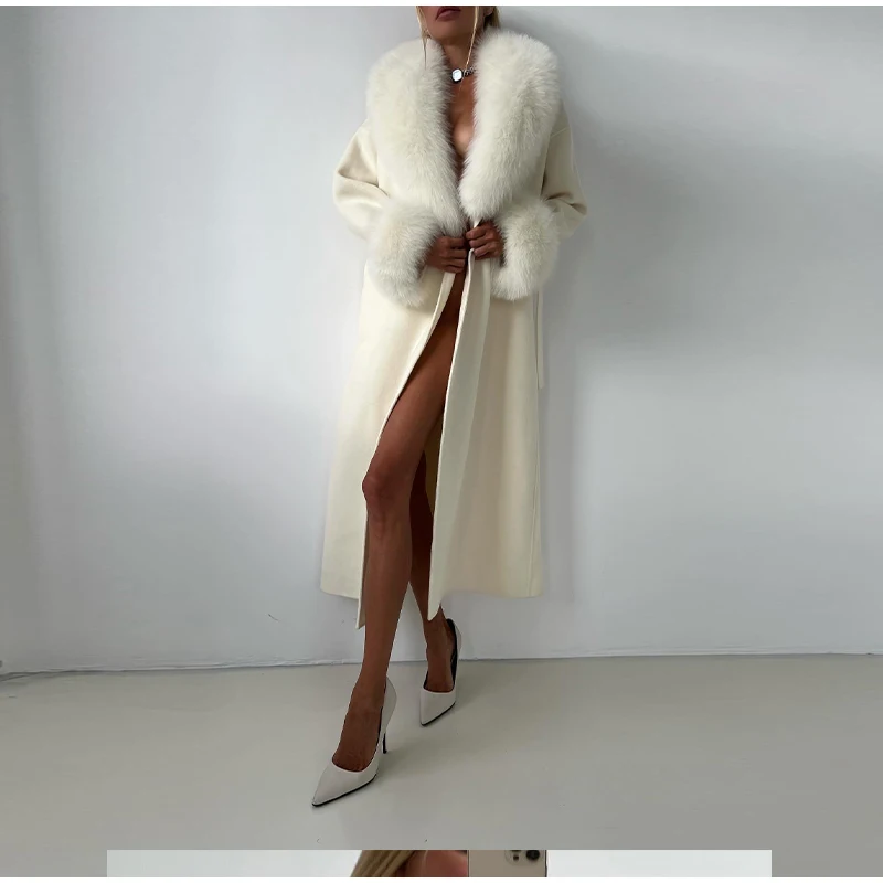 Damen-Brochen-weißer langer Wollpelzmantel, großer Pelzkragen, Gürtel, volle Ärmel, Mantel, 2025, Herbst, elegante, luxuriöse Damen-Oberbekleidung – Detail 15