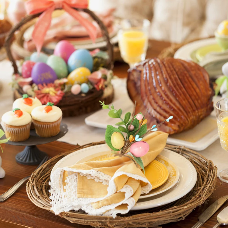 Easter Bunny Eggs Napkin Ring Holders Artificial Plants Napkin Buckles 6/1pcs Happy Easter Party Home Table Decoration Supplies napkin ring