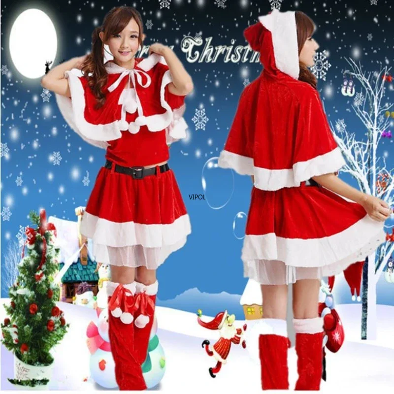 

Christmas Santa Claus Cosplay Costume Women's Party Uniforms Ladies Costume Stage Performance Costume Shawl Suit Red Dress Up