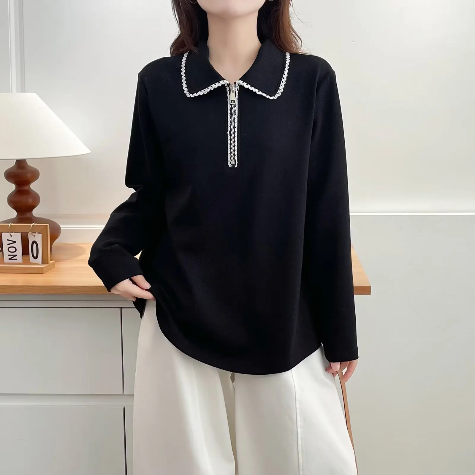 XXXXL Fashion Plus Size Women's T-Shirt New Autumn Style Elegant Lace Lapel And Zipper Long Sleeved Top 1053