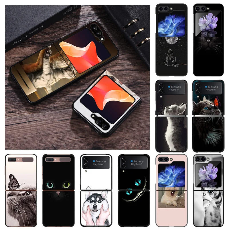 Custodia Opaca Per Telefono Per Samsung Galaxy Z Flip5 Flip4 Flip3 Flip 3 4 5 5G Luxury Cute Pink Black Cat Zflip Hard Black Soft Cover