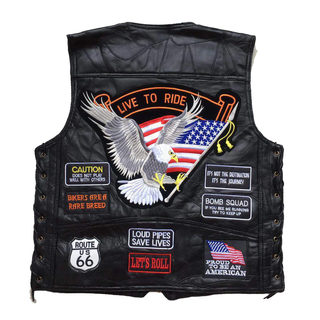 Man Classic Retro Motorcycle Vest Four Seasons Sleeveless Jacket Real Leather Embroidery Badge Splicing Biker Knight Waistcoat