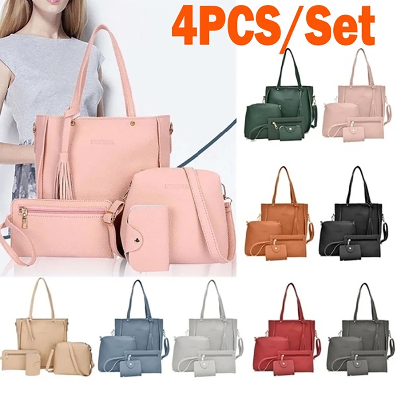 4pcs/set Ladies Leather Bag Set Polyester Shoulder Bag Handbag Messenger Bag Set 9 Colors 3