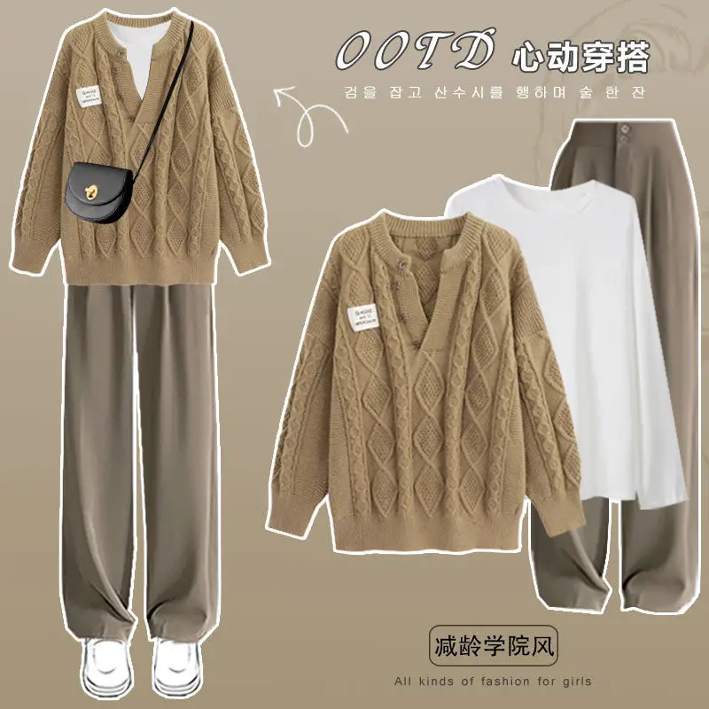 Women\'s Autumn Winter New Fashion Suit Korean Elegant Knitting Sweater+White Long Sleeve+Pants Three Piece Set Female Clothing
