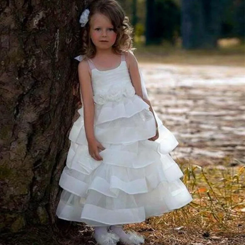 

White Ruffle Satin Edge Sleeveless Flower Girl Dress For Wedding Ankle Length Spaghetti First Communion For Princess Celebrity