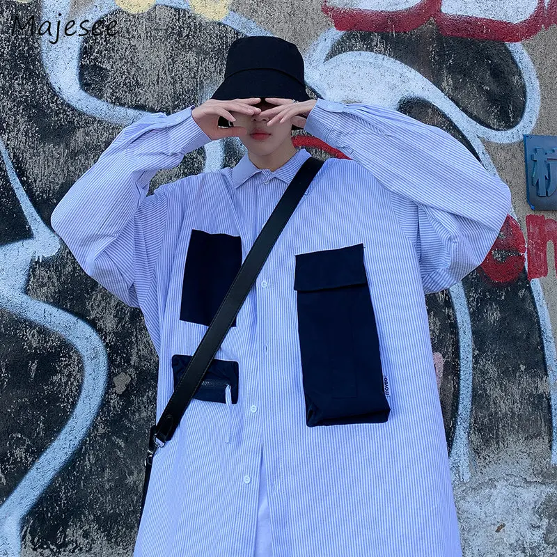 

Shirts Men Striped Long Sleeve Casual Loose All--match Japanese Style Vintage Handsome Big Pockets Students High Street Camisa